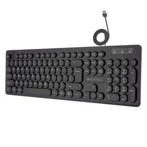 ZEBRONICS K24 Wired USB Keyboard, 104 Keys, Long Life 8 Million Keystrokes, Silent & Comfortable Use, Slim Design, Retractable Stand, 1.5 Meter Textured Cable, UV Coated keycaps